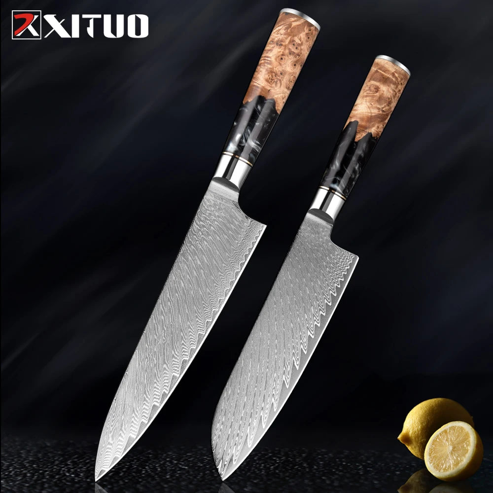 Damascus Steel Kitchen Knives 1-9PC Set XITUO Japanese chef knife Cleaver Bread Knife Resin and wooden Ergonomics handle Sharp