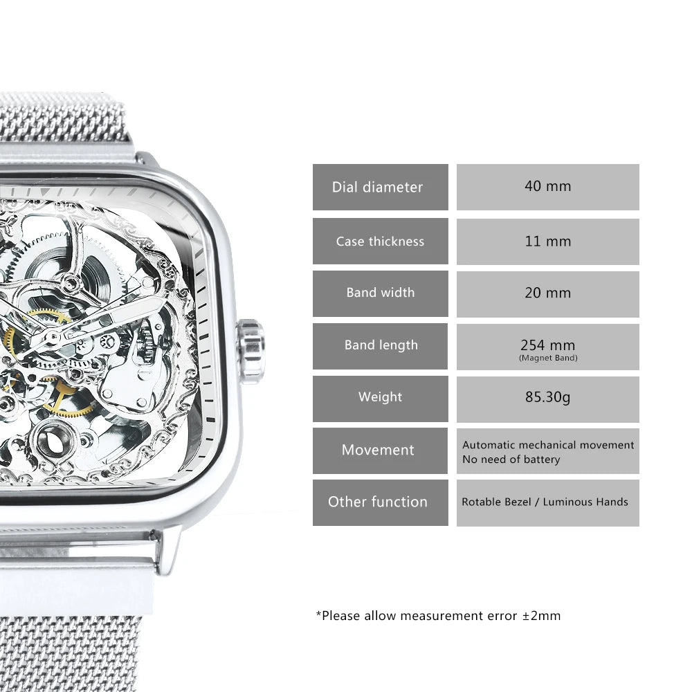 Forsining Square Skeleton Automatic Watch - Luxury Mesh Steel Strap Men's Timepiece