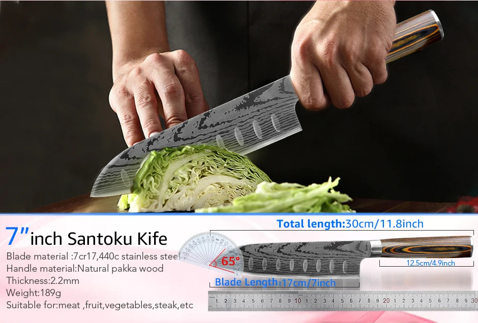Kitchen Knife Set Chef Knives Japanese 7CR17 440C High Carbon Stainless Steel Imitation Damascus Sanding Laser Knife