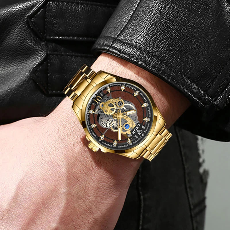 2024 LIGE Men Watch Skeleton Automatic Quartz Watch Gold Skeleton Vintage Man Watch Mens Watches Top Brand Luxury часы мужские