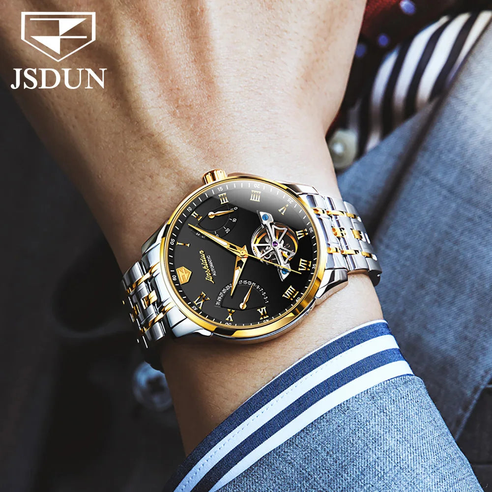 JSDUN Top Brand Fashion Skeleton Multifunction Watches for Men Stainless Steel Waterproof Luxury Automatic Mechanical Man Watch
