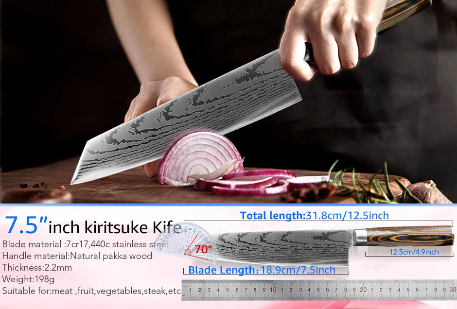 Kitchen Knife Chef Knives Japanese 7CR17 440C High Carbon Stainless Steel Imitation Damascus Sanding Laser Knife