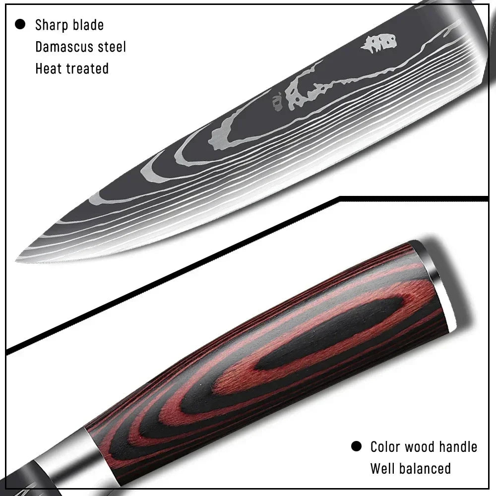 3PCS Kitchen Knife Set Laser Damascus Santoku Knife Utility Knife Professional Chef Knife Meat Cleaver Kitchen Accessories