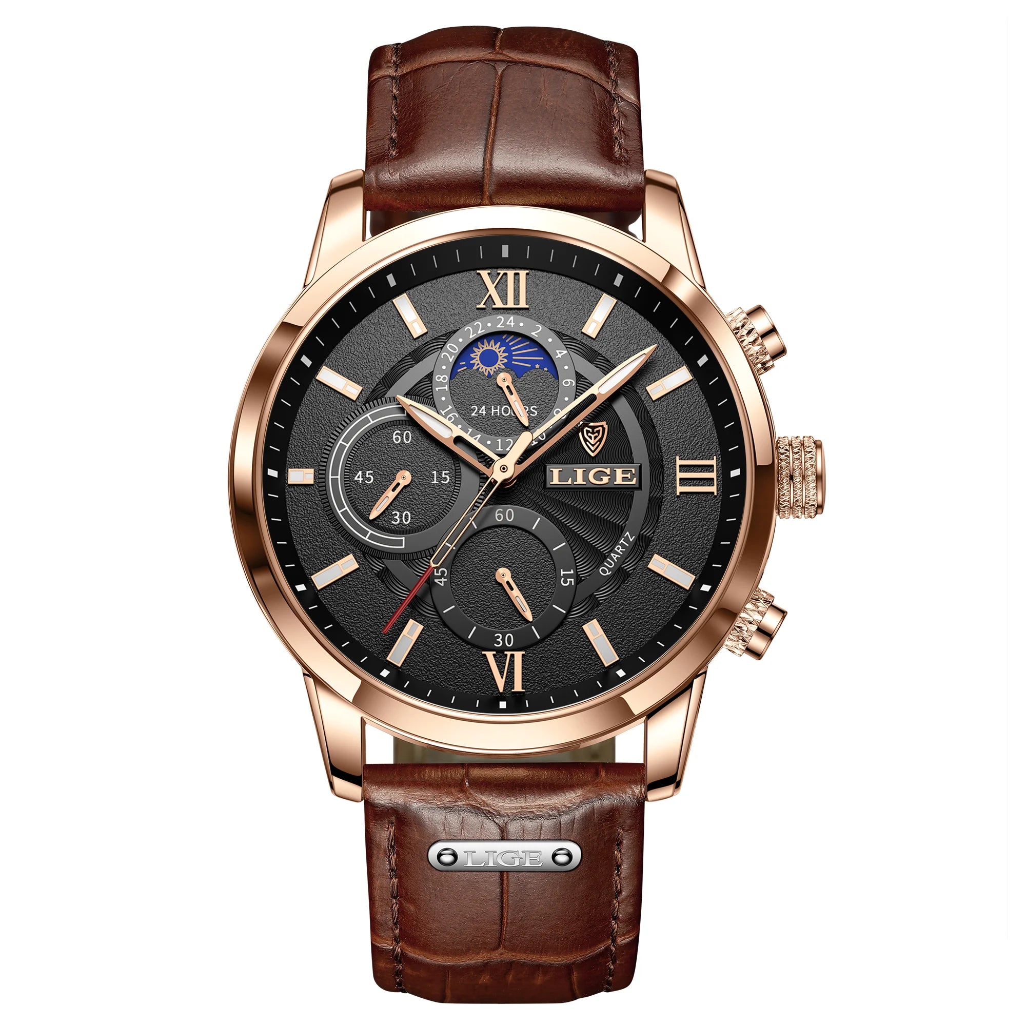 LIGE Cognac Elite 2025 - Premium Brown Leather Waterproof Sport Watch