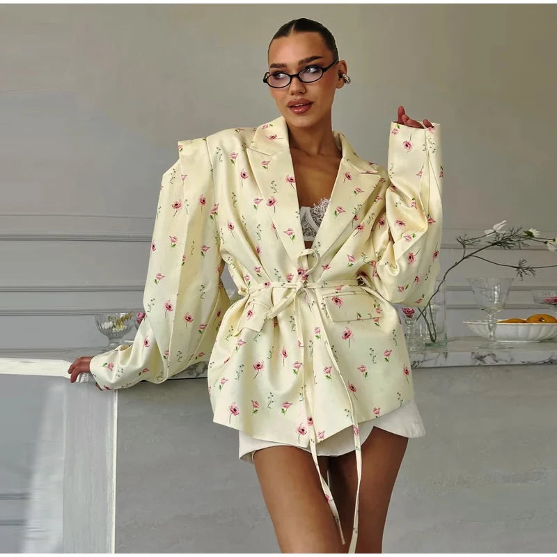 Fashion Printed Women's Blazer Coat Loose Lapel Long Sleeve Lace Up One Button Jacket Female 2025 Spring All-match Streetwear