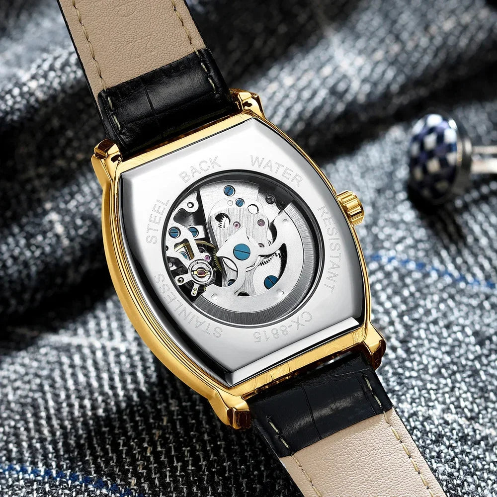 Tonneau Skeleton Automatic Watch - Barrel-Shaped Mechanical Timepiece for Men