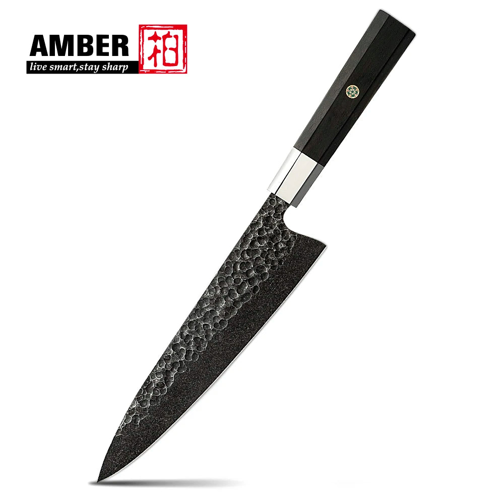 Amber Top Quality 440C high carbon steel black finish kitchen knife set with stablized wood