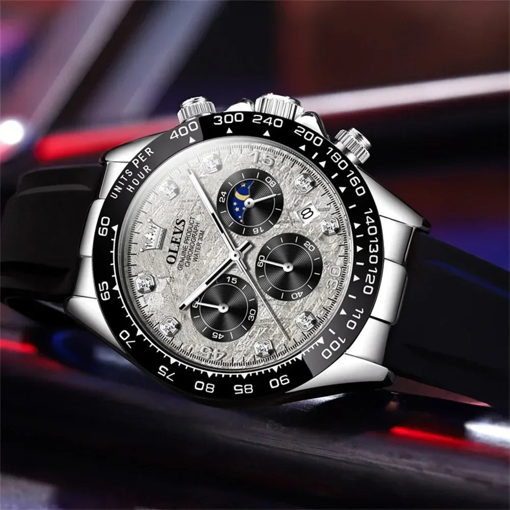OLEVS Luxury Men's Watches Moon Phase Chronograph Man Watch Original Quartz Wrist Watch Waterproof Luminous Watch for Men Clock