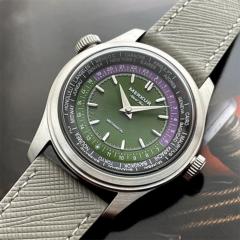 Merkur Dual Crown World Time Enamel Dial Watch Retro Manual Mechanical Watch Men Date Window Watch Vintage 38mm