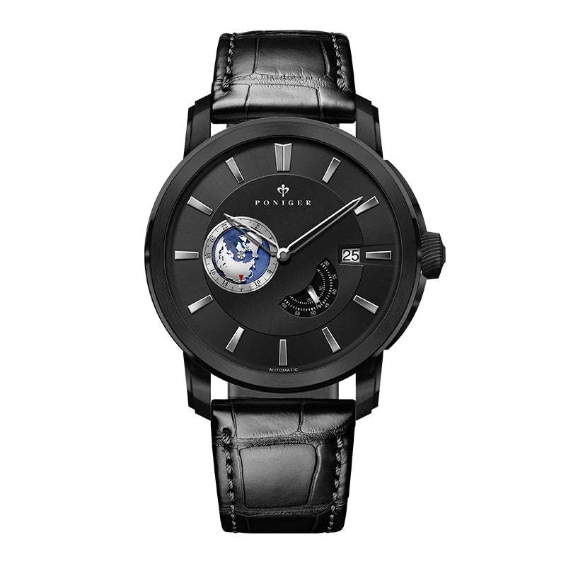 Top Brand New Japanese Automatic Men Watch Rotating Earth Calendar Multifunction Watch Stainless Steel Waterproof Clock PONIGER