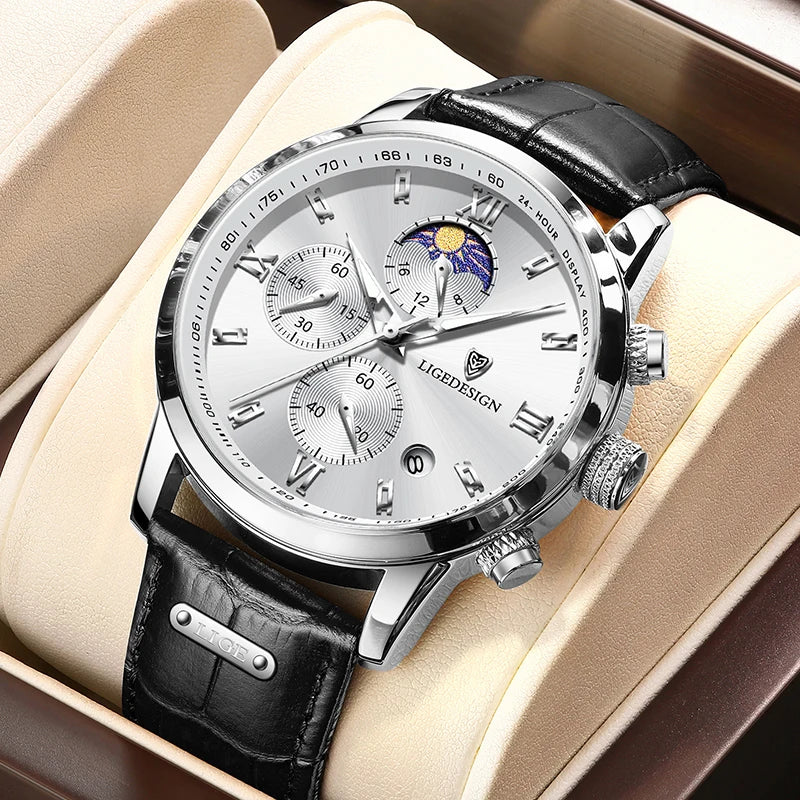 LIGE New 24 hour Moon Phase Watch Men Fashion Army Military Quartz Men Watch Leather Waterproof Sports Chronograph Reloj Hombre