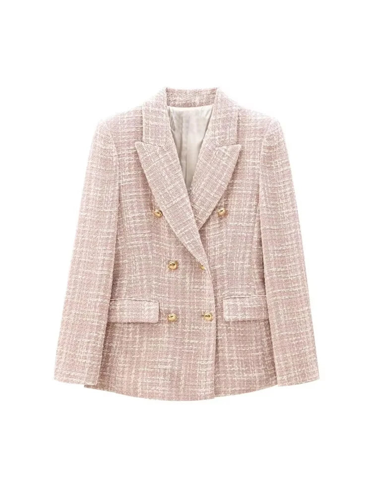TRZA-Double Breasted Tweed Blazer for Women, Long Sleeve Coat, Flap Pockets, Female Outerwear, Chic Tops, Fashion