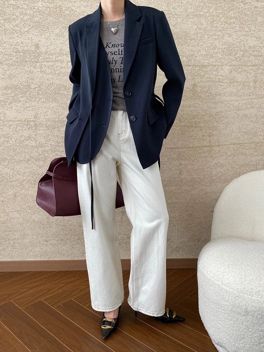 [LANMREM] Designer Asymmetric Spliced Design Lace-up Gathered Waist Blazers For Women Notched Fit Jackets 2025 Winter New 26C565