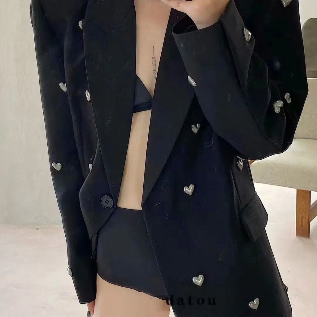 UNXX European and American Dark Style Blazer 2024 Autumn New Fashion Heavy Craft Heart High-End Black Suit Jacket High Quality