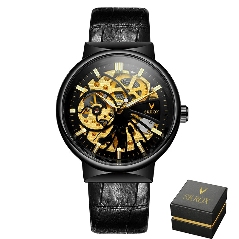 SKROX Vintage Skeleton Man Watch Thin Mechanical Luminous Male Wrist Watches Original Top Brand Luxury Clockwork reloj hombre