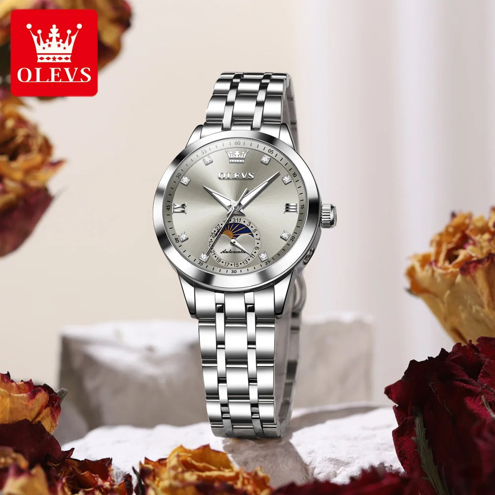 OLEVS Fashion Date Women's Watches Moon Phase 30m Waterproof Automatic Mechanical Watch for Lady Stainless Steel Brand Luminous