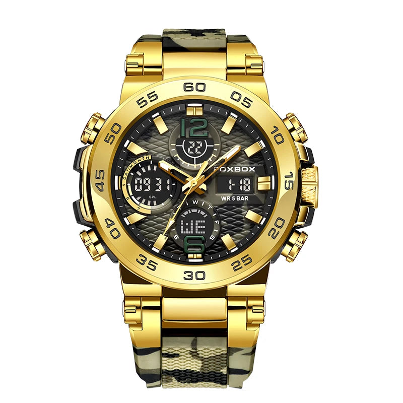 FOXBOX Fashion Mens Watch Dual Display Military Sports Man Watch Digital LED Luminous Calendar Waterproof Quartz Watches For Men