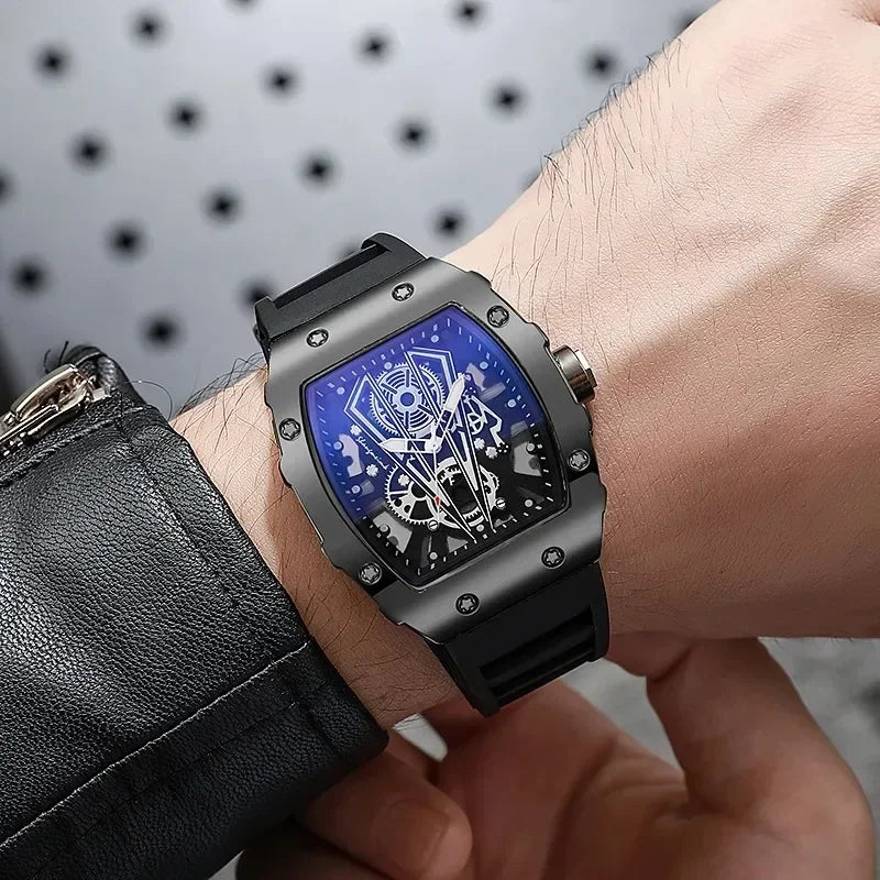 Custom-Made Numberless Men's Watch Fashionable Wine Barrel Style Sports Dial British Quartz Watch with Silicone Band China Made