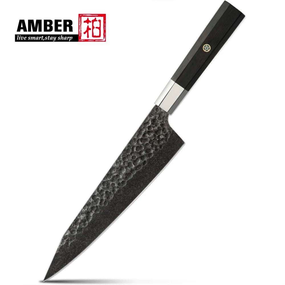 Amber Top Quality 440C high carbon steel black finish kitchen knife set with stablized wood