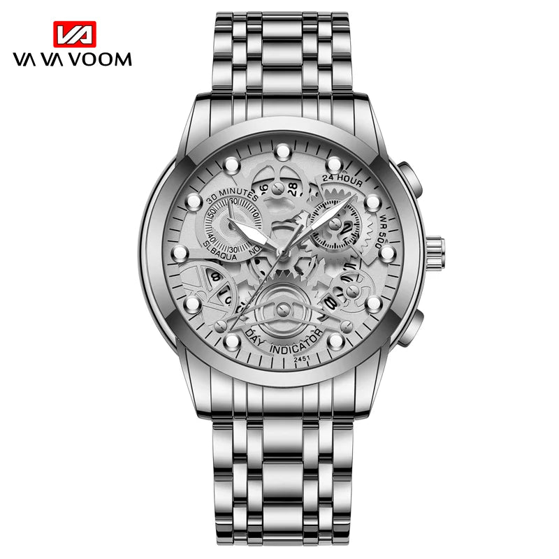 Sports Men's Watch Fashionable Stainless Steel Strap Fashionable Hollow Dial Golden Business Style Original Quartz Watch for Men