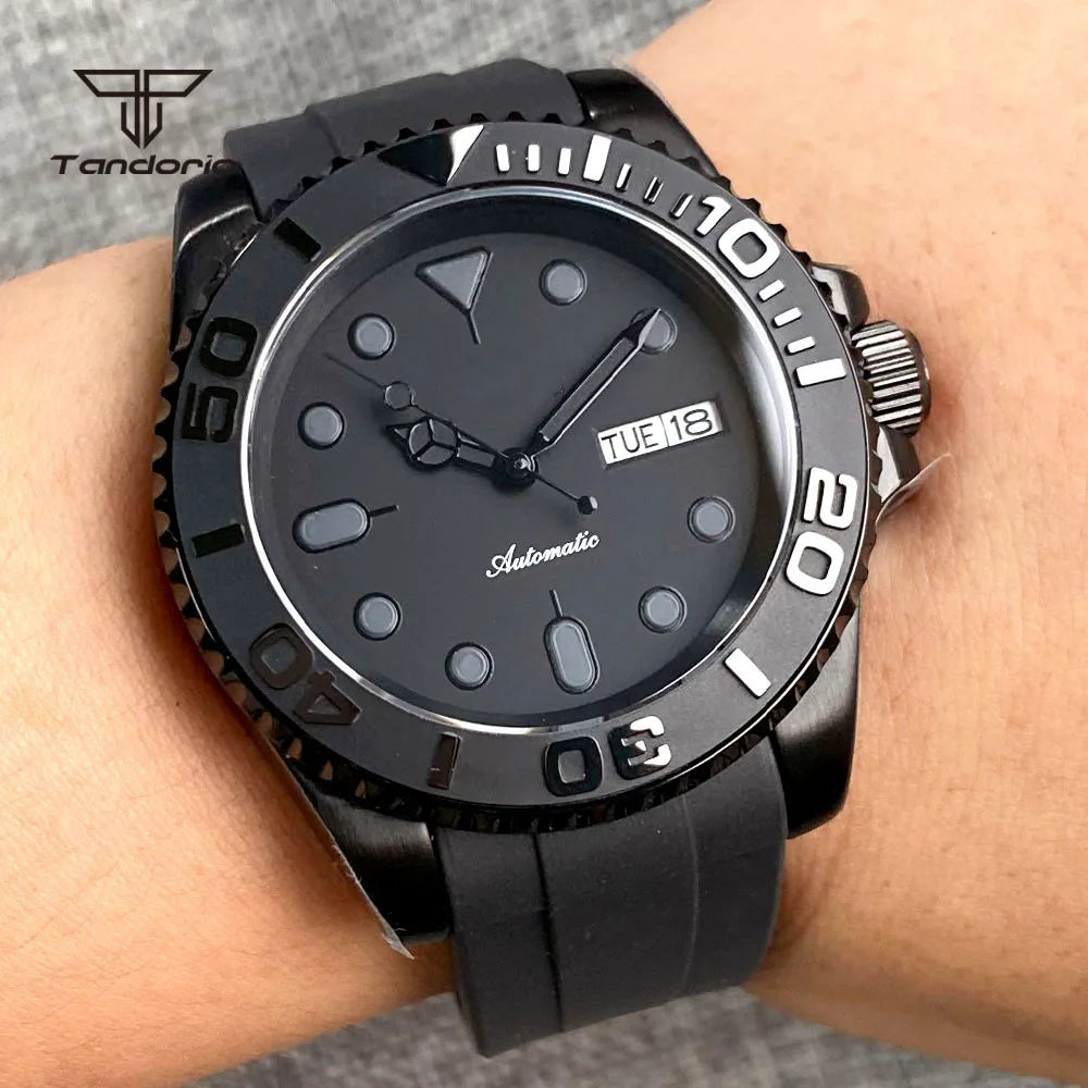 Tandorio Black Pvd Case Dress NH36A 40mm Automatic Watch for Men Rubber Strap Week Date Display Ceramic Rotating Bezel Sapphire