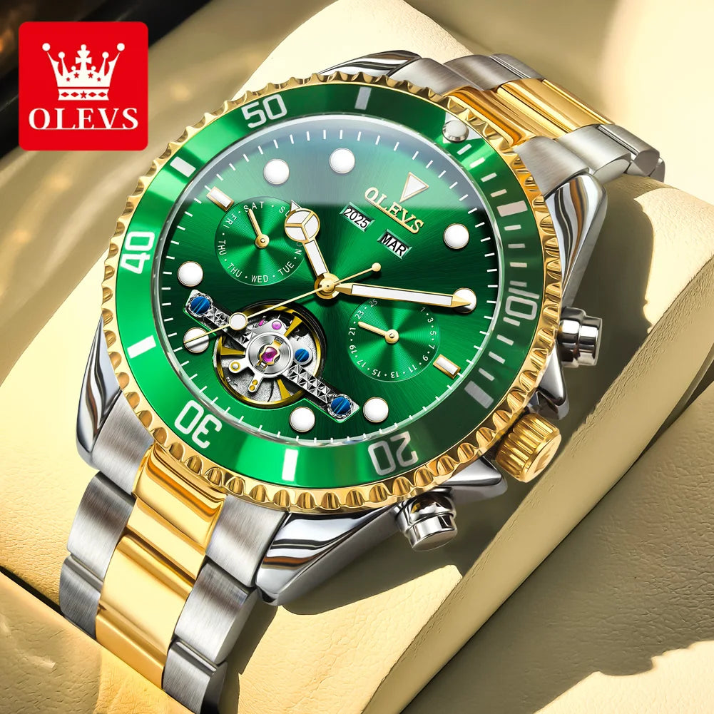 OLEVS 6605 Mens Watch Luxury Original Automatic Mechanical Watch Waterproof Luminous  PerpetualCalendar Day-Date Watch With Box