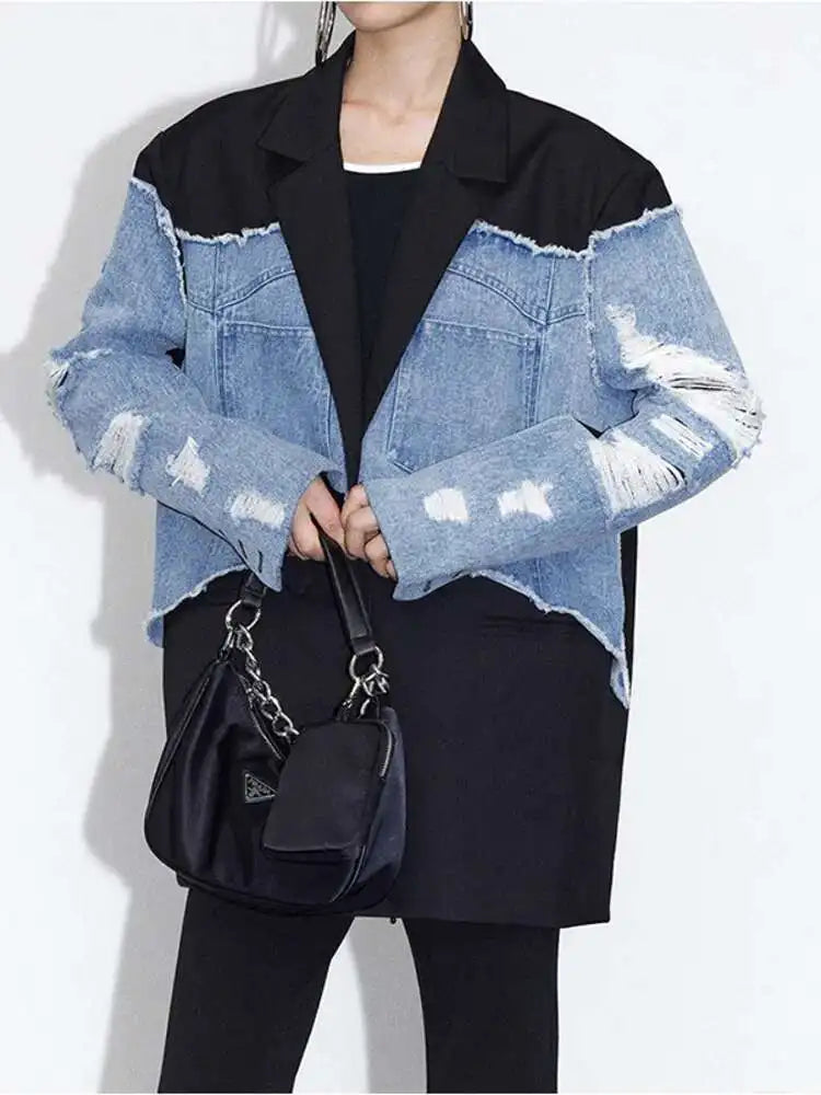 DEAT Women's Blazer Notched Collar Patchwork Burrs Edge Denim Broken Holes Loose Suit Jackets 2025 Summer New Fashion LM0107