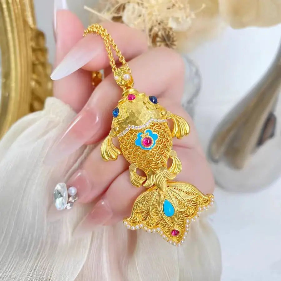 24K Gold Enamel Blue Eye Goldfish Necklace Set