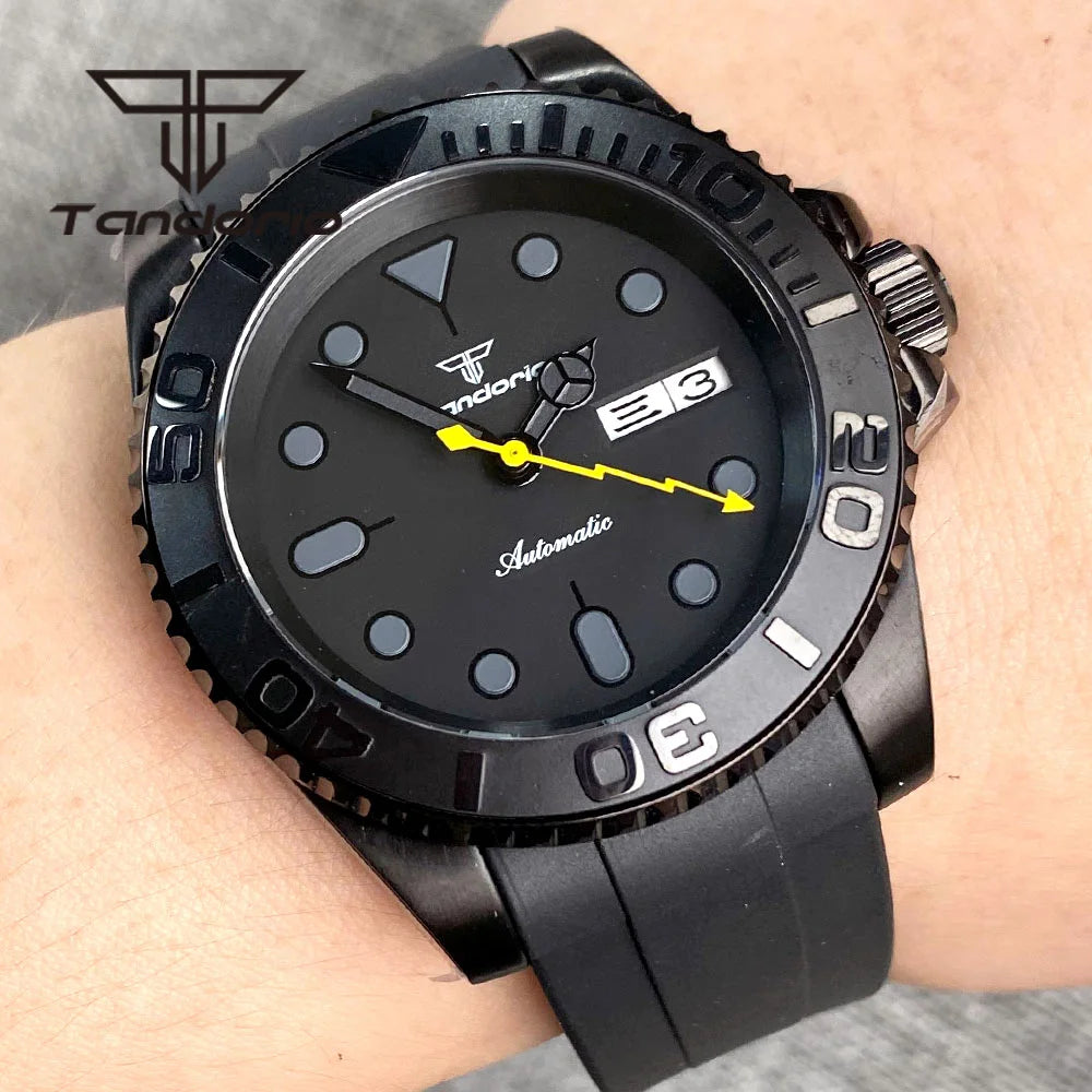 Tandorio Black Pvd Case Dress NH36A 40mm Automatic Watch for Men Rubber Strap Week Date Display Ceramic Rotating Bezel Sapphire