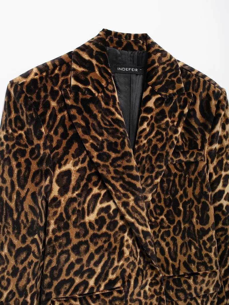 MUJER Leopard Print Blazer for Women Luxury Velvet Women's Blazers Suit Set Long Sleeve Office Blazer Woman Fashion Outerwears