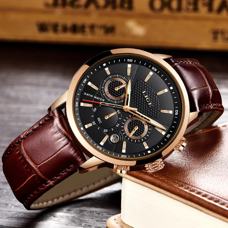 2025 LIGE Top Brand Luxury Casual Leather Quartz Men Watch Man Business Clock Male Sport Waterproof Date Chronograph Men Watches