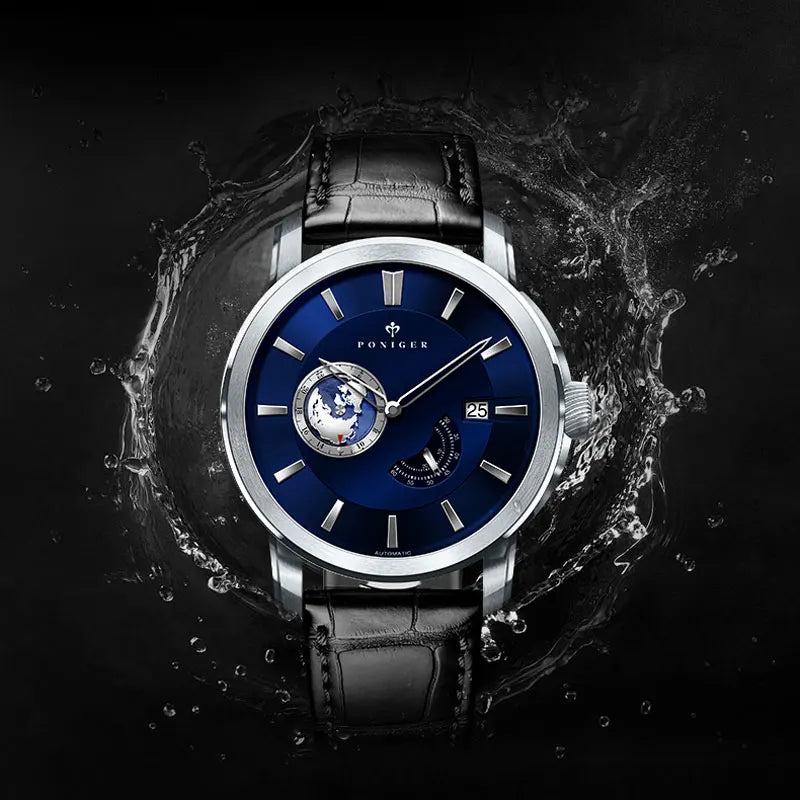 Top Brand New Japanese Automatic Men Watch Rotating Earth Calendar Multifunction Watch Stainless Steel Waterproof Clock PONIGER