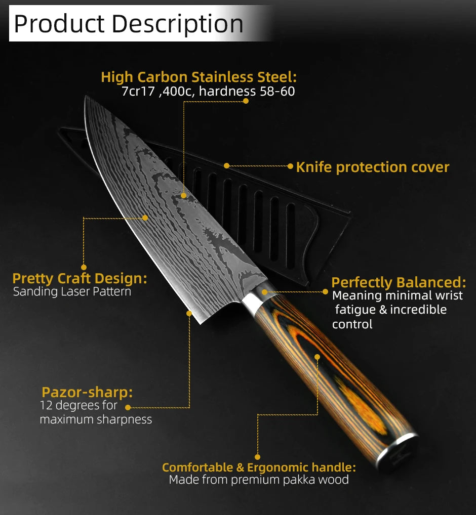 Kitchen Knife Set Chef Knives Japanese 7CR17 440C High Carbon Stainless Steel Imitation Damascus Sanding Laser Knife
