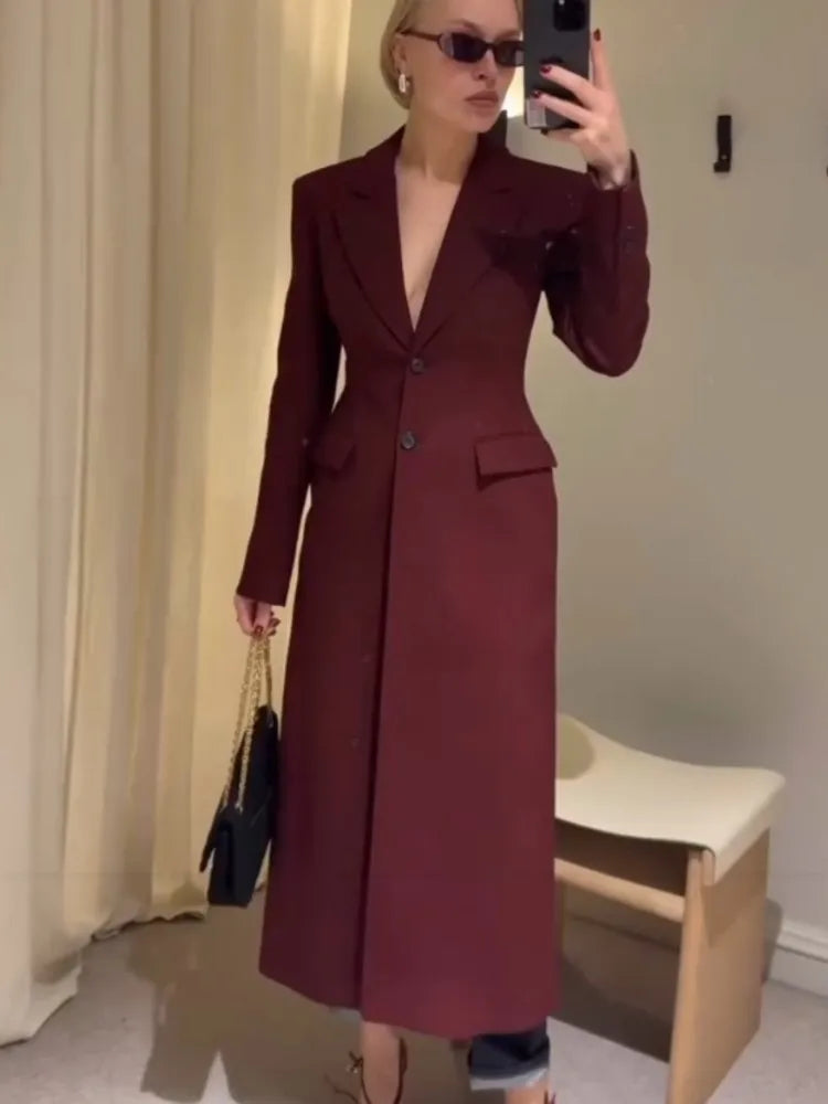 Long Waist Cinched Suit Coat Jacket V-Neck Commuter Minimalist Slim Fit Elegant Women Overcoat Top Professional Formal Spring