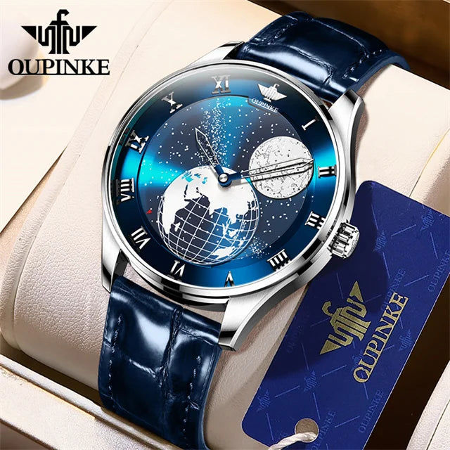 OUPINKE Moon Phase Watch for Men 3D Earth Starry Star Rotating Dial Automatic Mechanical Watches Luxury Brand Men's Moonswatch