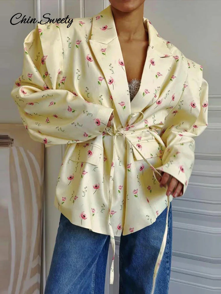 Fashion Printed Women's Blazer Coat Loose Lapel Long Sleeve Lace Up One Button Jacket Female 2025 Spring All-match Streetwear