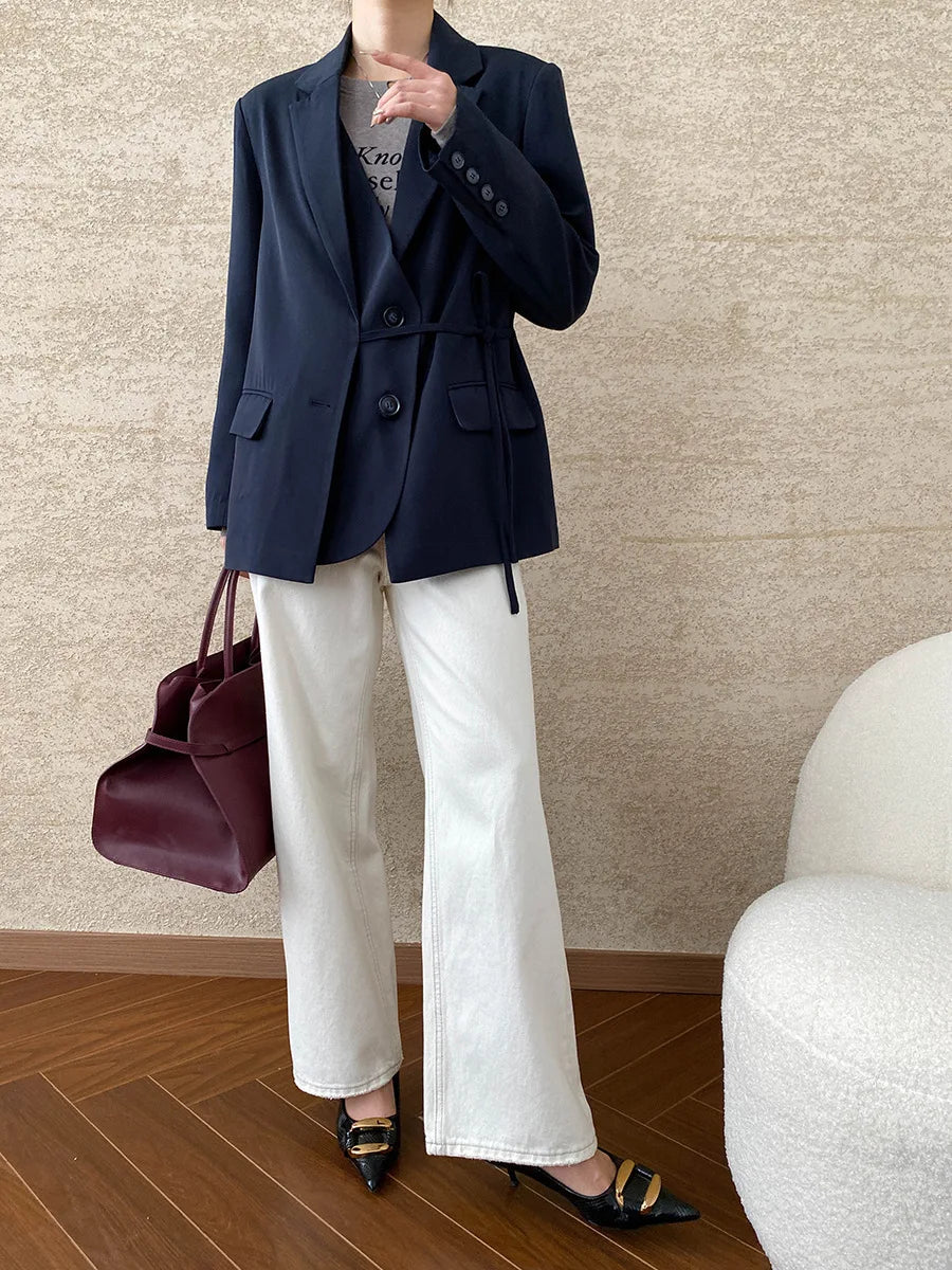 [LANMREM] Designer Asymmetric Spliced Design Lace-up Gathered Waist Blazers For Women Notched Fit Jackets 2025 Winter New 26C565