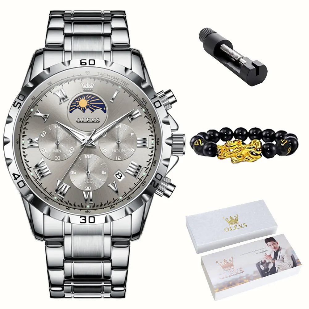 OLEVS 2950 Moon Phase Quartz Watch for Men Multi functional Roman Scale Original Hand Clock Chronograph Business Male Watches
