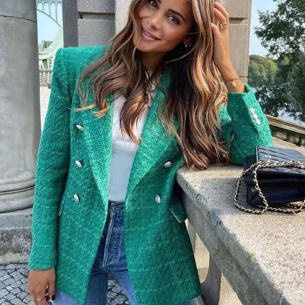 2024 Autumn New Women's Clothing Style Fashionable Versatile Texture Double breasted Mid length Suit Coat