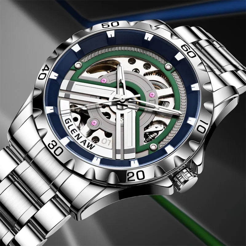 GLENAW Original Brand Skeleton Automatic Movement Man Watch Mechanical Waterproof Male Wrist Watches Fashion Sports Clockwork