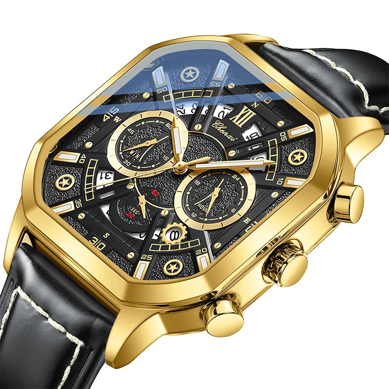 Golden Octagonal Multifunctional Watch - Leather Strap Quartz Timepiece for Men