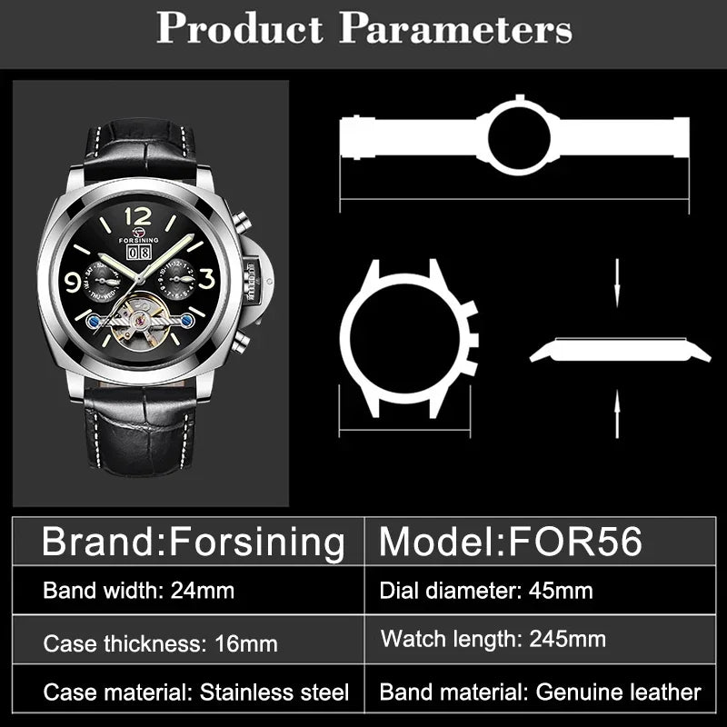 FORSINING Top Luxury Tourbillon Automatic Watch - Men's Mechanical Sport Luminous Retro Leather Wristwatch