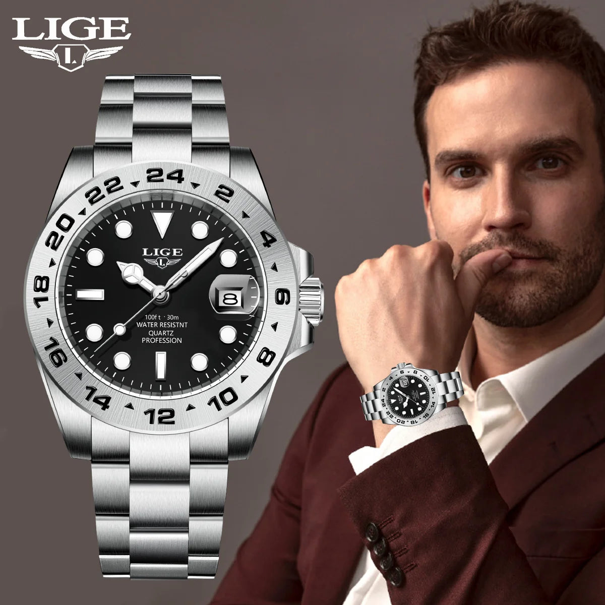 LIGE Luxury Man Watch Fashion Classic Business 30M Waterproof Luminous Quartz Wristwatch Stainless Steel Calendar Men Watches
