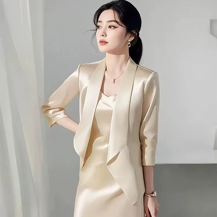 Luxury Celebrity Party Outfits New Elegant Women Formal Suit Flower Embroidery Beading Satin Coat + Midi Skirt Two Piece Sets