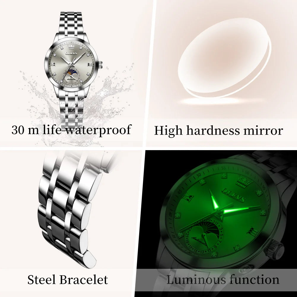 OLEVS Fashion Date Women's Watches Moon Phase 30m Waterproof Automatic Mechanical Watch for Lady Stainless Steel Brand Luminous