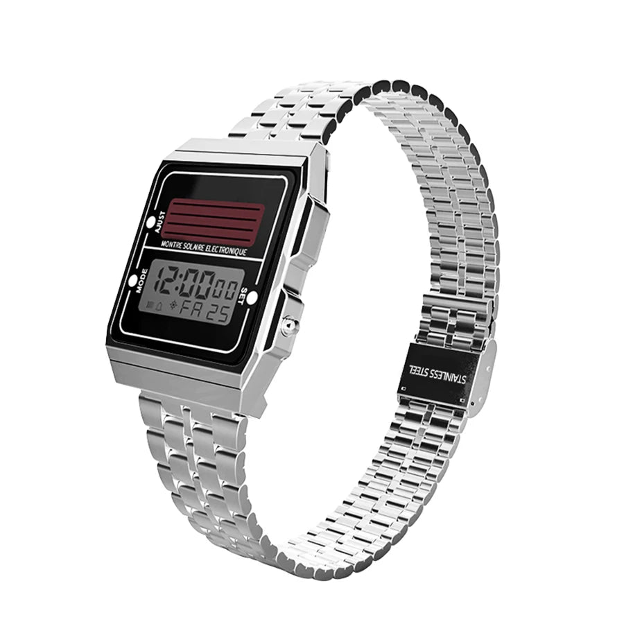 Solar Men‘s Digital Watch Retro Chronograph Stainless Steel Strap Waterproof Multifunctional Sport Electronic Watches