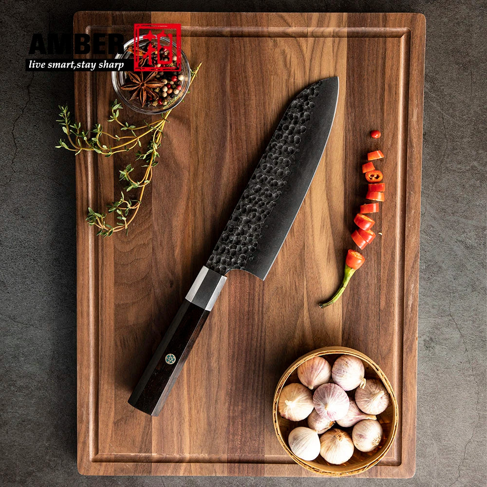 Amber Top Quality 440C high carbon steel black finish kitchen knife set with stablized wood