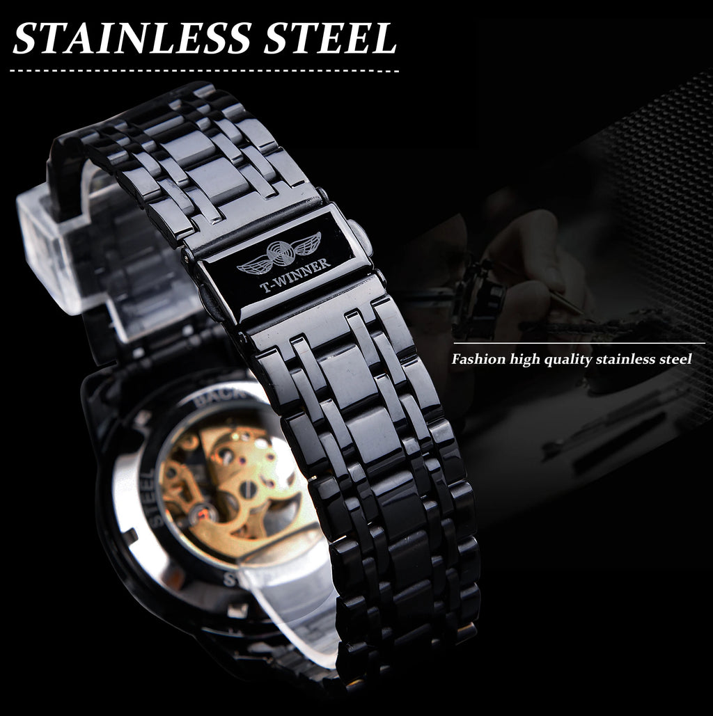 Winner Top Luxury Men Skeleton Automatic Mechanical Watch Fashion Rhinestone Luminous Stainless Steel Business Male Wristwatches