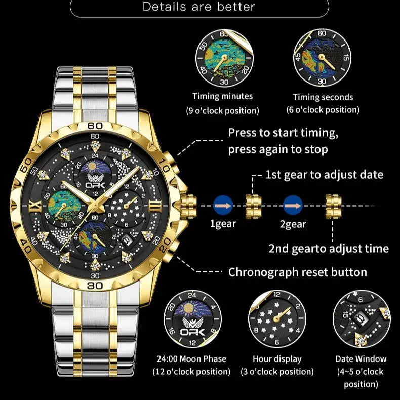 OPK Moon Phase Men's Watches Multi-function Timing code Luminous Waterproof Watch for Man