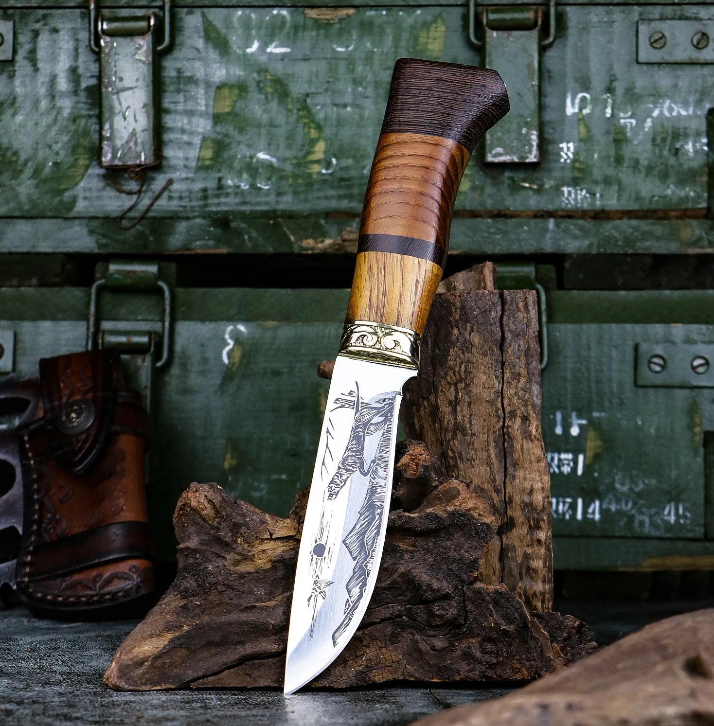 Kitchen Knife Set Beautifully Corroded Pattern Double Solid Wood Splice Copper Head Handle High Hardness Steel Carving Knife